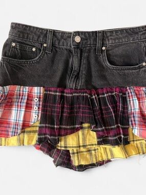 Handmade Black Denim Mini Skirt with Multicolor Plaid Patchwork Ruffle